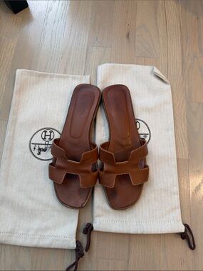 Hermes Brown Leather Oran Slide Sandals